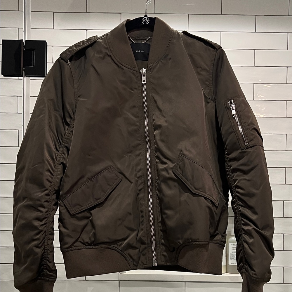 Aritzia Talula khaki green bomber jacket.